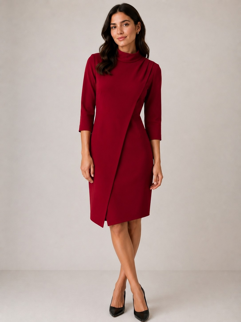 Boston Proper Wine Red Asymmetric Faux Wrap Midi Dress